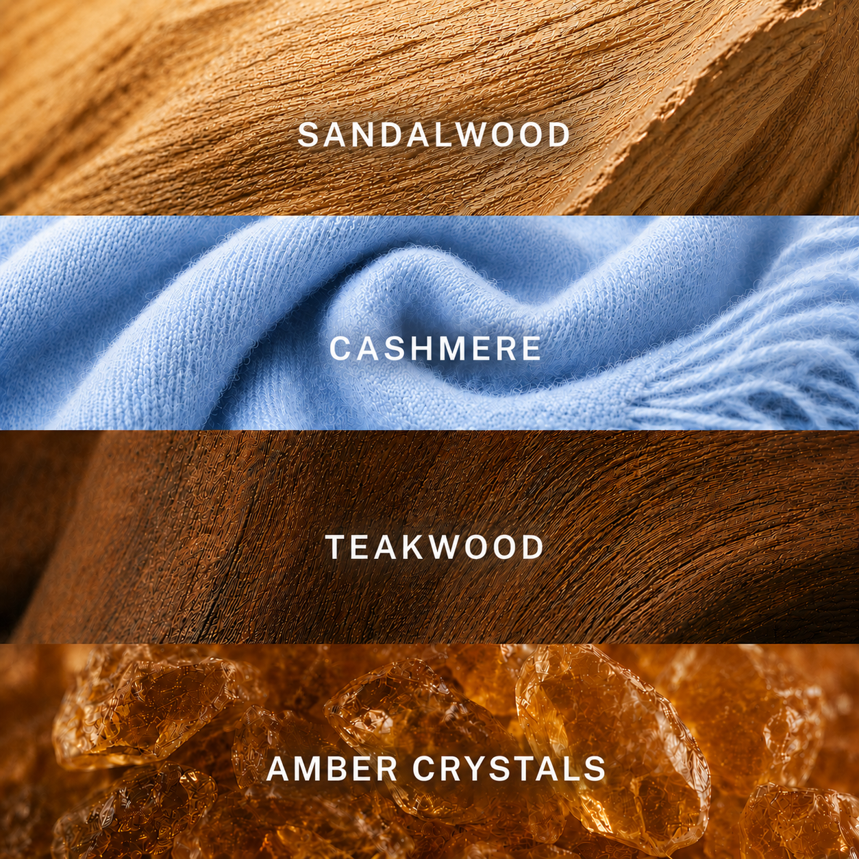 Four horizontal material/color panels labeled SANDALWOOD, CASHMERE, TEAKWOOD, and AMBER CRYSTALS, showing wood grain, soft blue fabric texture, dark brown wood texture, and amber crystal texture.