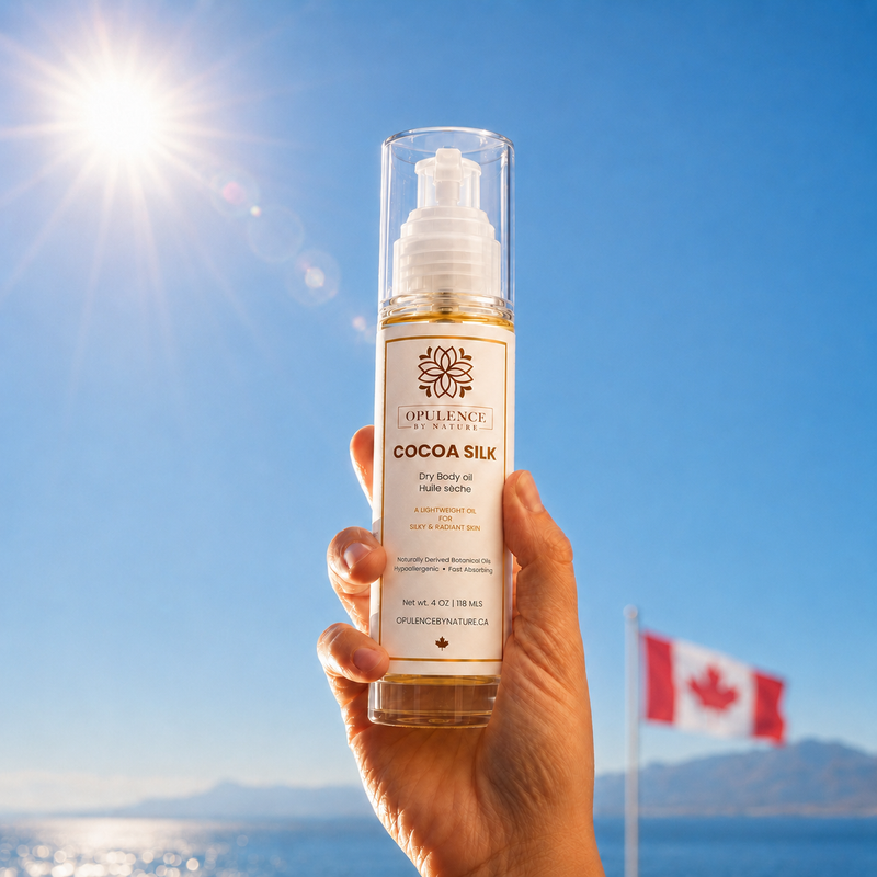 A hand holds a clear pump bottle of Opulence Naturals Cocoa Silk Dry Body Oil against a bright blue sky with sun rays and a Canadian flag in the background.
