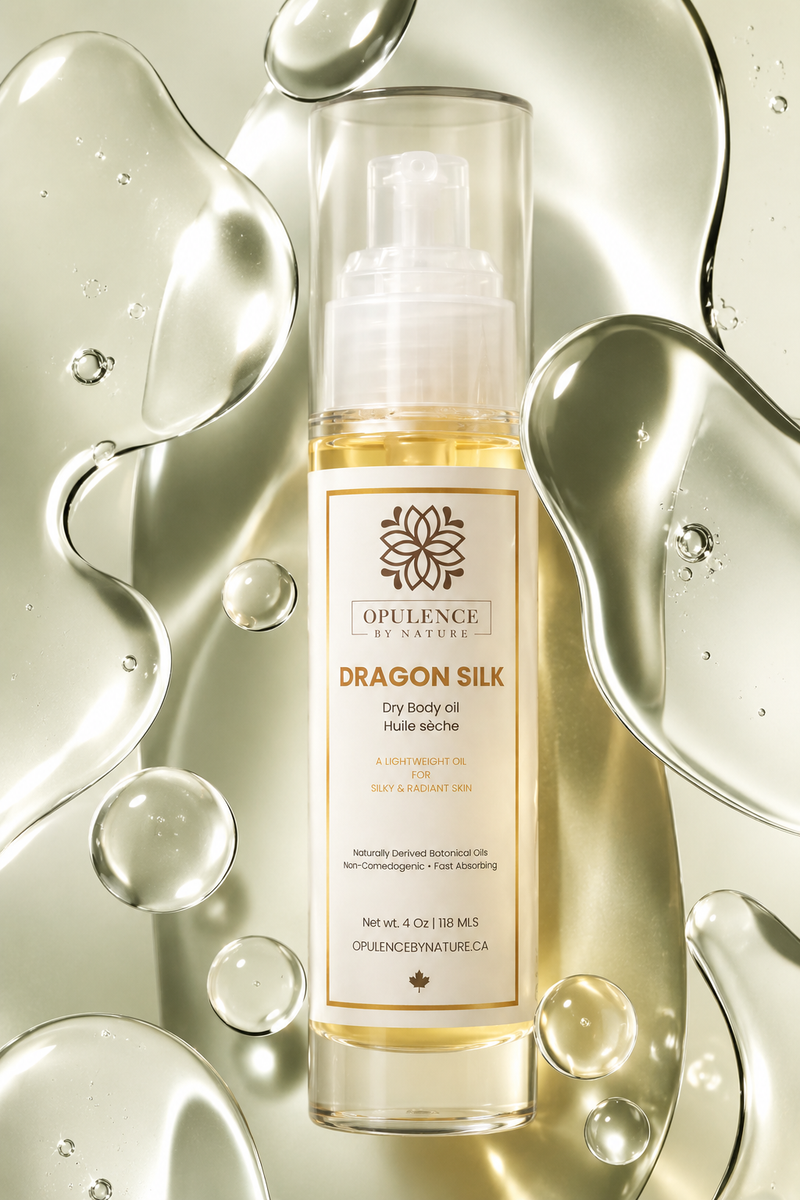 A bottle of Opulence by Nature Dragon Silk Dry Body Oil centered against a glossy, metallic gold background with liquid droplets and abstract flowing shapes.