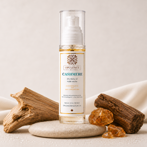 A bottle of Opulence by Nature Cashmere Dry Body Oil stands centered on a light stone slab, surrounded by natural driftwood and amber-like stones against a soft neutral background.