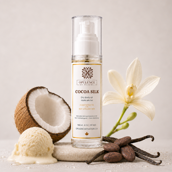 A bottle of Opulence by Opal CO Cocoa Silk Dry Body Oil stands upright on a light surface, styled with a halved coconut, scoop of vanilla ice cream, vanilla beans, and a white orchid flower against a soft beige background.