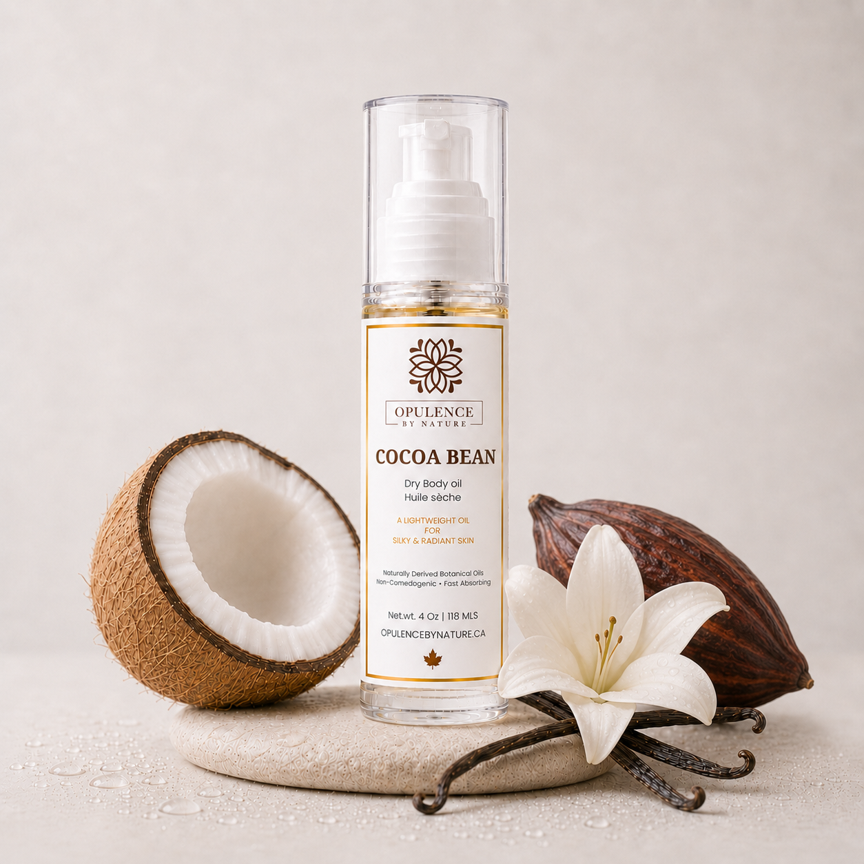 A bottle of Opuience by Nature Cocoa Bean Dry Body Oil stands on a round stone coaster, styled with a halved coconut, a vanilla flower, and vanilla beans against a neutral beige background.