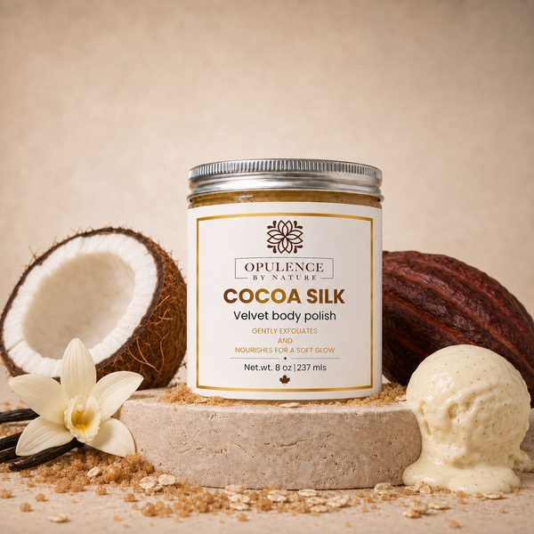 A jar of Opulence by Nature Cocoa Silk Velvet Body Polish is displayed on a stone pedestal with coconut halves, oats, vanilla flower, and a scoop of the cream polish against a warm beige background.