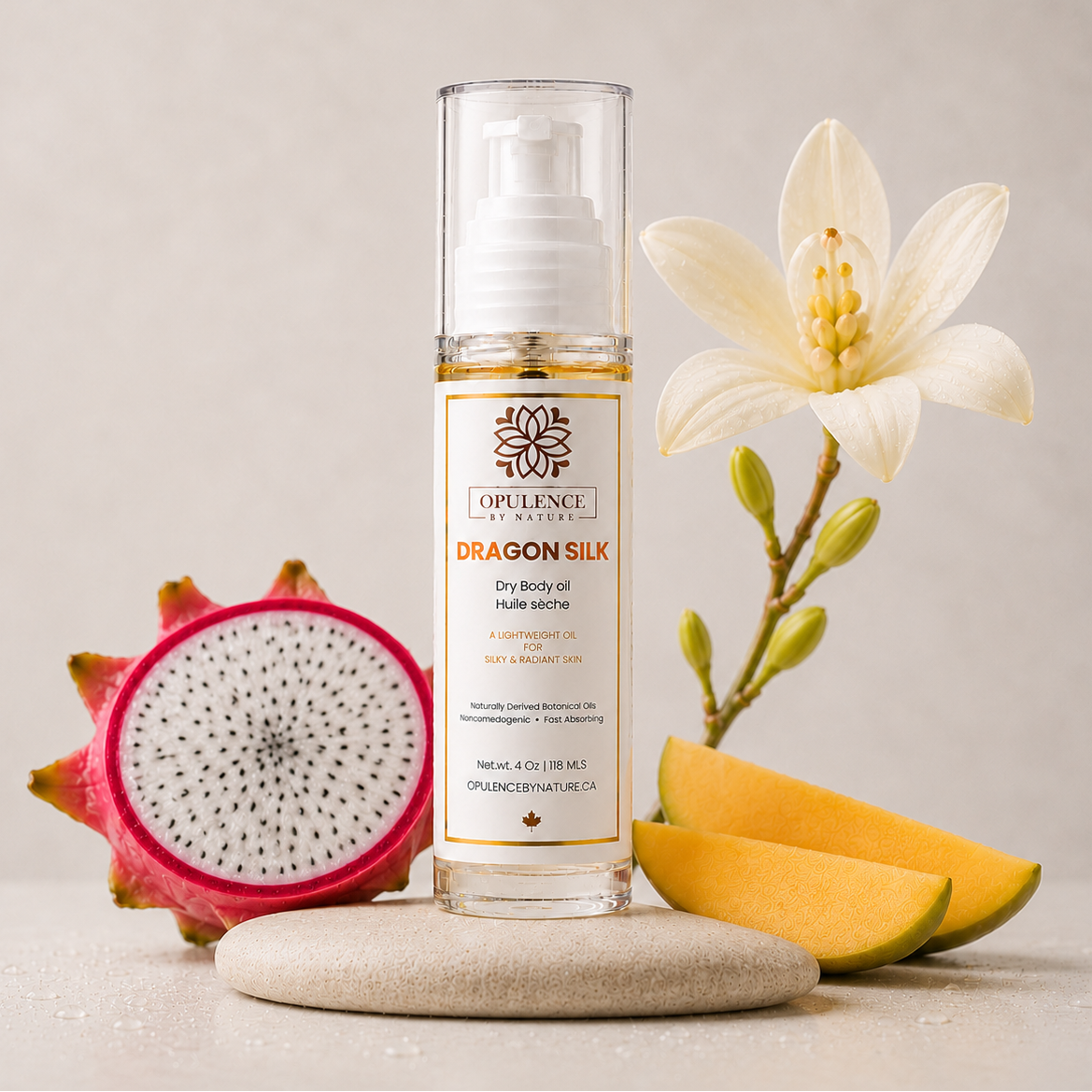 A bottle of Opulentz Organics Dragon Silk Dry Body Oil stands on a stone coaster, styled with dragon fruit, mango slices, and a white flower against a neutral beige background.