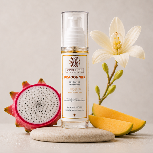 A bottle of Opulentz Organics Dragon Silk Dry Body Oil stands on a stone coaster, styled with dragon fruit, mango slices, and a white flower against a neutral beige background.