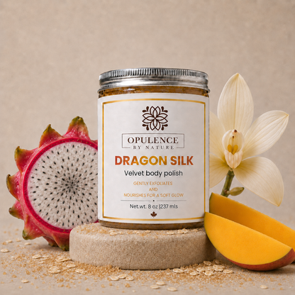 A jar of Opulence by Nature Dragon Silk velvet body polish stands on a stone slab, styled with dragon fruit, a white orchid flower, and mango slices on a beige background.