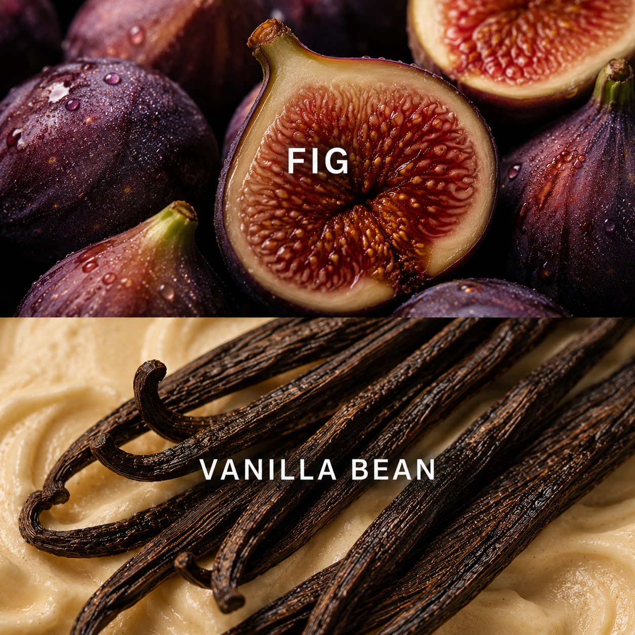 Split-screen flavor graphic for a food product. The top half shows fresh figs, with one cut open to reveal red-purple seeds and the word 'FIG' overlaid.