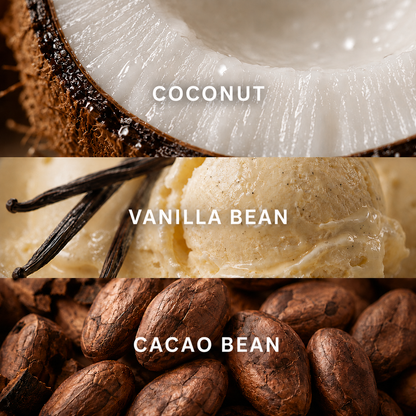 Collage of coconut, vanilla bean, and cacao beans with labels underneath.
