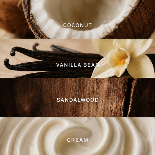 Four horizontal panels showing vanilla-scented product ingredients and texture: a halved coconut labeled COCONUT, vanilla beans with a vanilla flower labeled VANILLA BEAN, a wood slice labeled SANDALWOOD, and a cream swirl labeled CREAM.