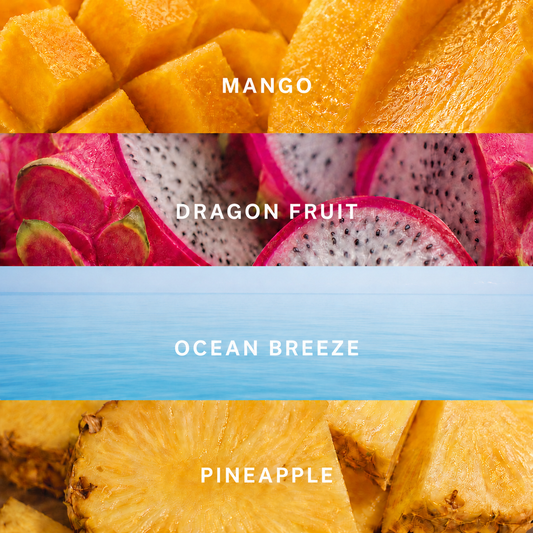 A vertical graphic with four horizontal bands showing fruit imagery and text labels: mango slices at the top, dragon fruit slices in the middle, a light blue band reading 'OCEAN BREEZE,' and pineapple slices at the bottom.