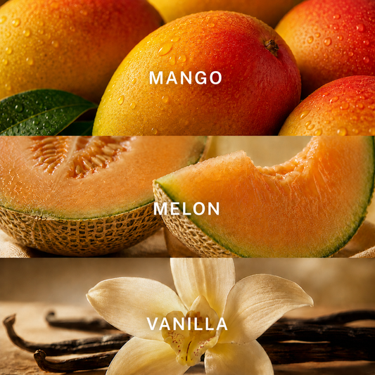 A three-panel collage showing fruit and vanilla-flavored imagery with overlaid text labels 'MANGO', 'MELON', and 'VANILLA'. The top panel shows whole mangoes with water droplets and a green leaf.