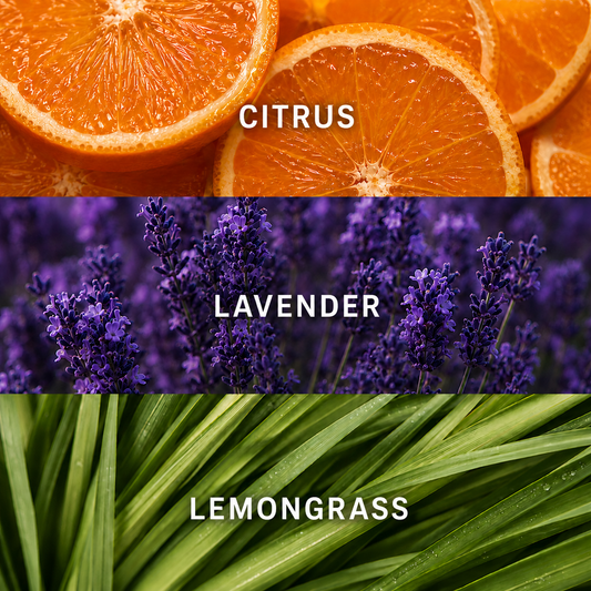 A three-panel graphic showing citrus slices labeled CITRUS, purple lavender flowers labeled LAVENDER, and green lemongrass leaves labeled LEMONGRASS.