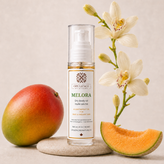 A clear pump bottle of Opulence Essentials Melora dry body oil stands on a stone coaster, styled with a mango, a slice of cantaloupe, and white orchid flowers against a warm beige background.