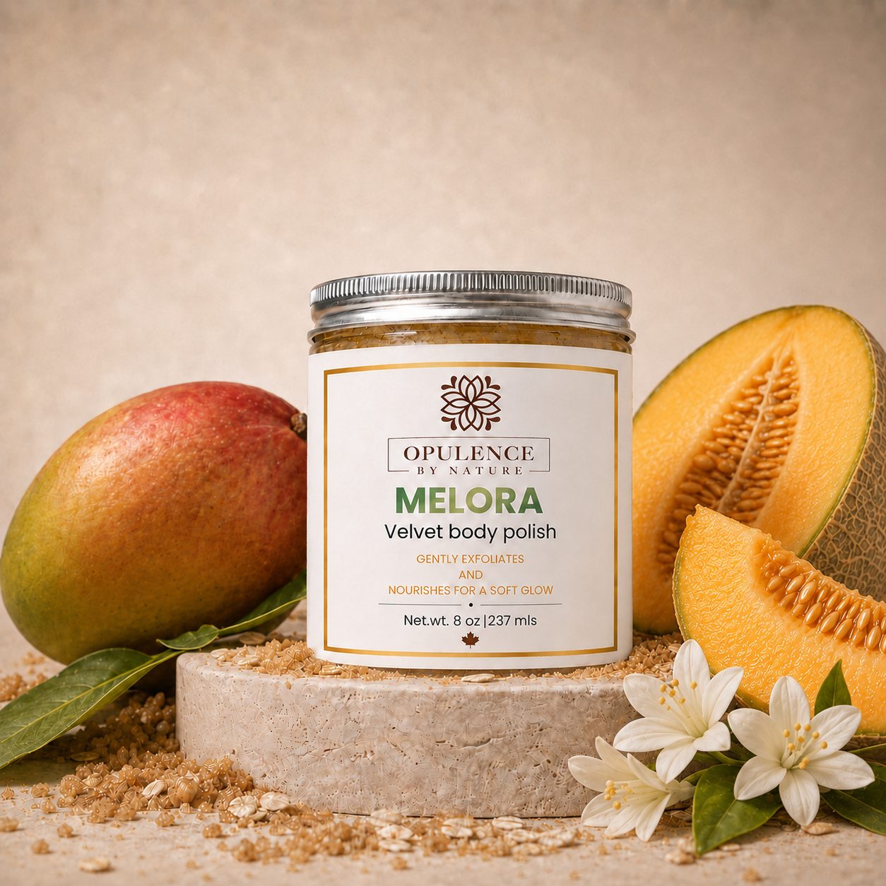 A jar of Opulence by Nature Melora Velvet Body Polish is displayed on a stone pedestal, surrounded by a mango, cantaloupe melon slices, white blossoms, and oatmeal flakes on a textured beige background.