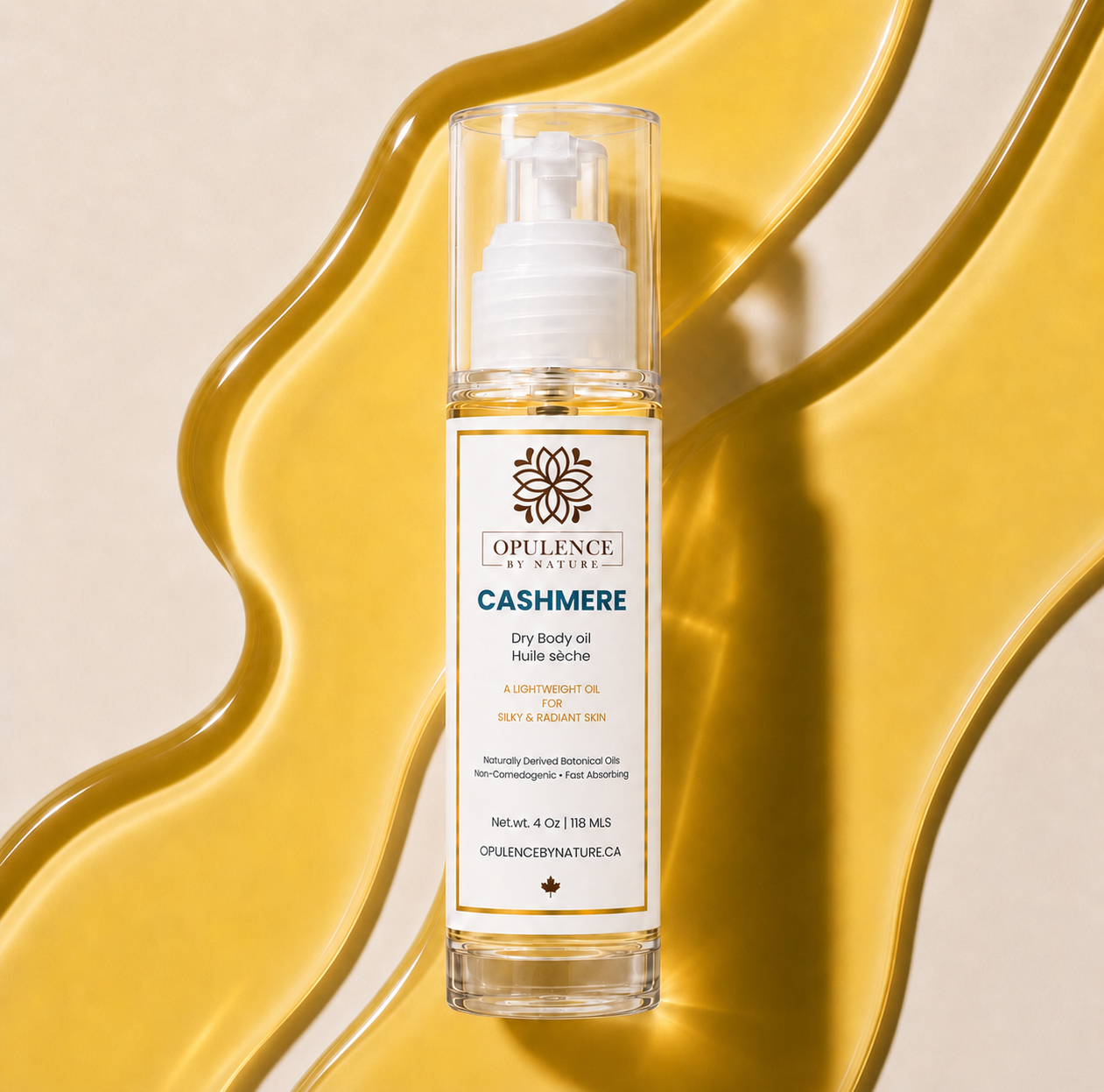 Opulence by Nature Cashmere dry body oil bottle on a yellow and beige background