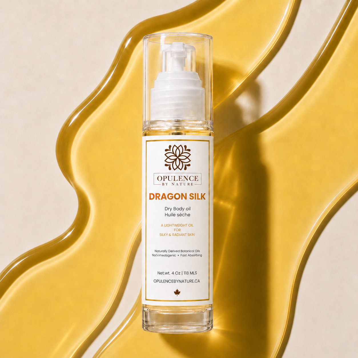 Opulence by Nature Dragon Silk body oil bottle on a yellow and beige background