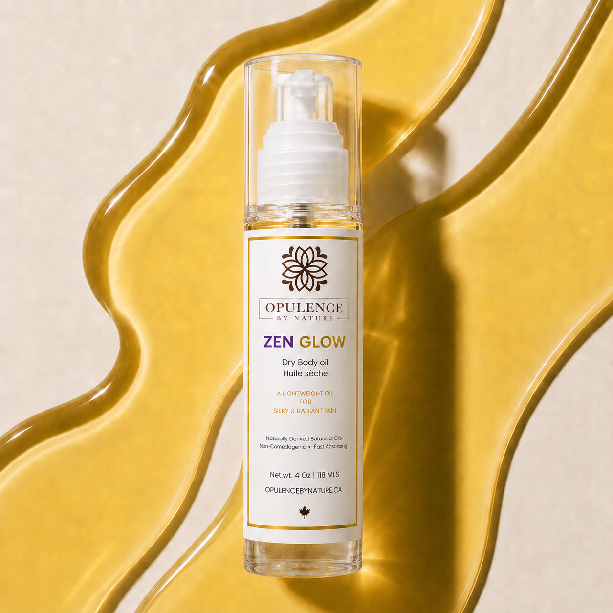 Opulence by Nature Zen Glow dry body oil bottle on a yellow and beige background