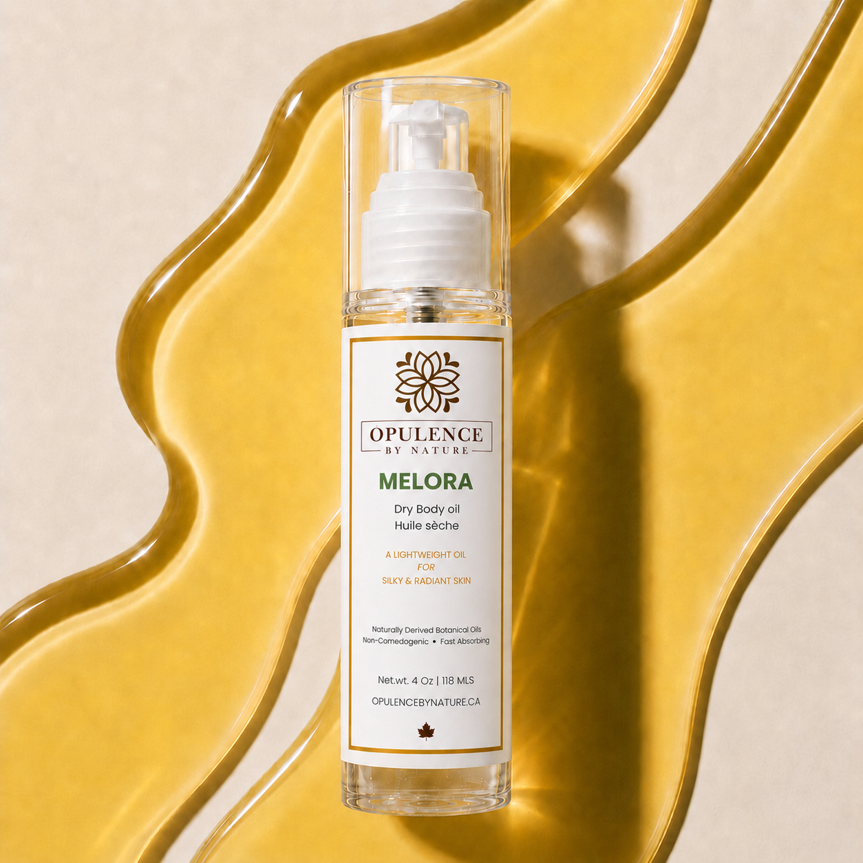 Opulence Melora dry body oil bottle on a yellow and beige background
