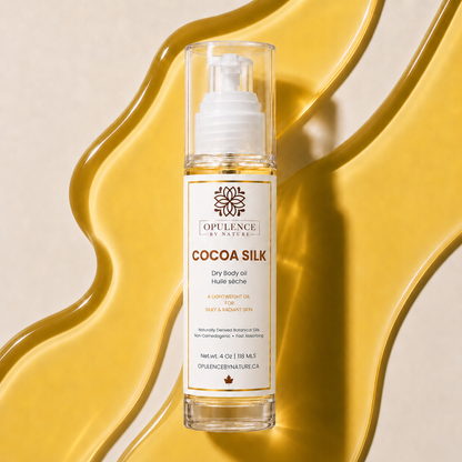 Opulence Cocoa Silk dry body oil bottle on a yellow and beige background
