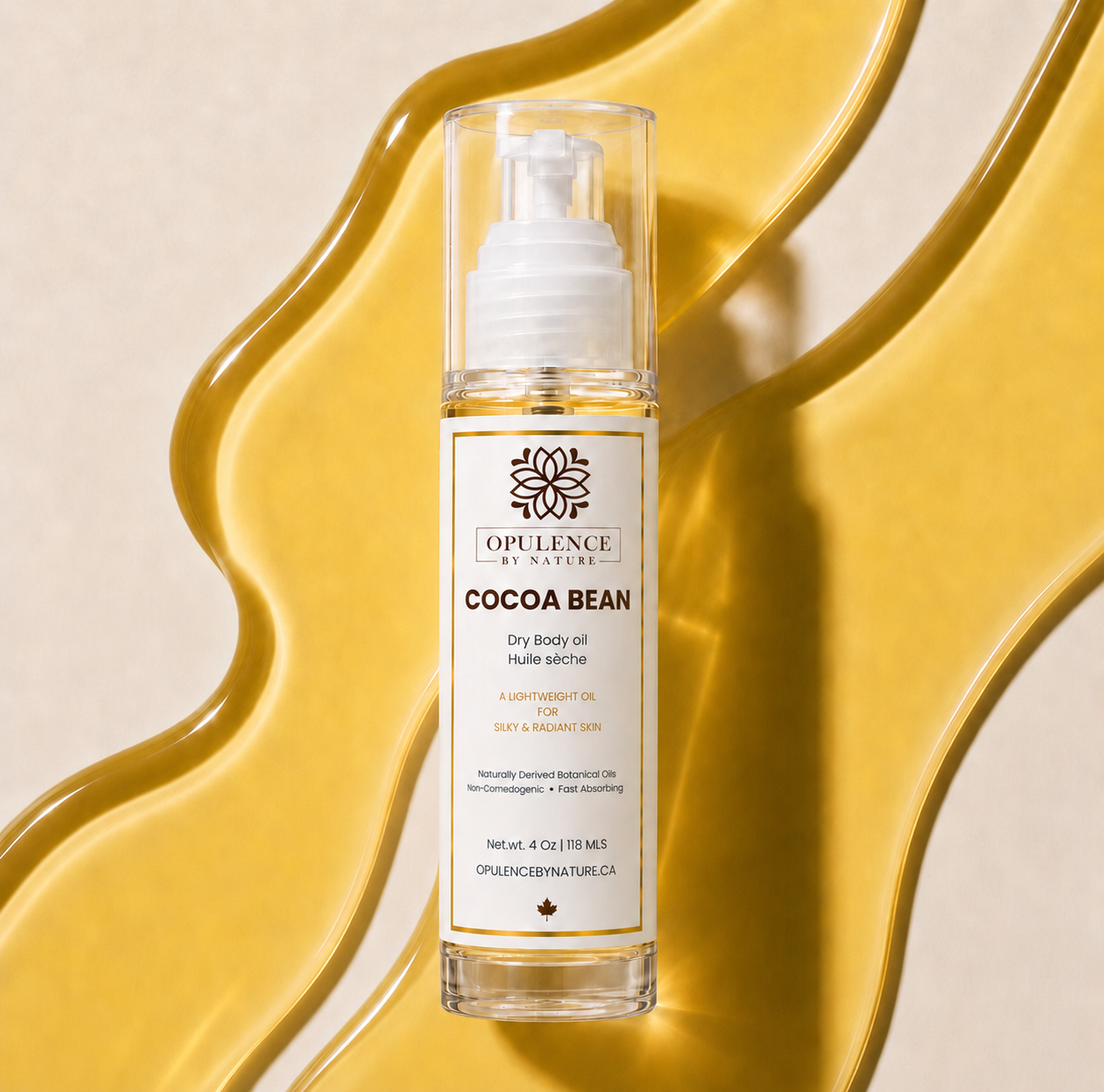 Opulence by Nature Cocoa Bean dry body oil bottle on a yellow and beige background