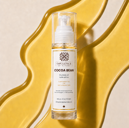 Opulence by Nature Cocoa Bean dry body oil bottle on a yellow and beige background