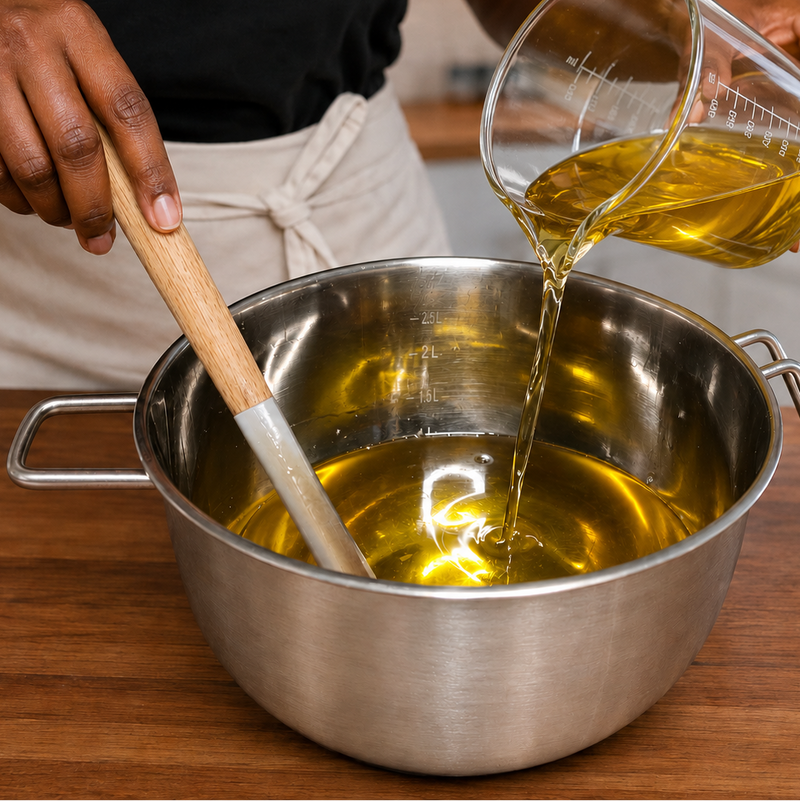 A stainless steel pot on a wooden countertop with a person pouring golden oil from a glass measuring cup while holding a wooden spatula.