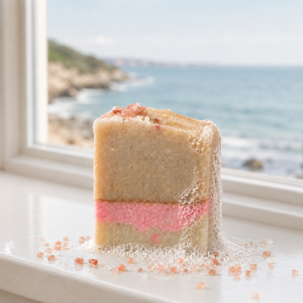 A rectangular bar of layered soap with a tan top and pink middle layer, standing on a white windowsill with a blurred ocean and rocky coastline in the background.