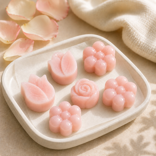 Six pink flower-shaped wax melts arranged on a white ceramic dish, with soft beige fabric and scattered flower petals in the background.