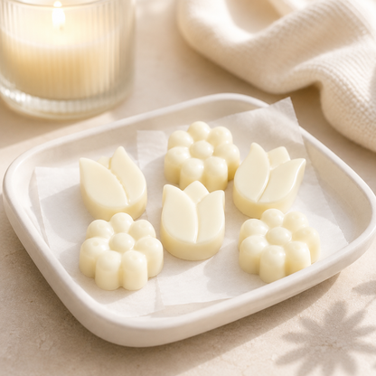 Five off-white flower-shaped wax melts arranged on a white square dish lined with parchment paper, with a softly blurred candle and cream fabric in the background.