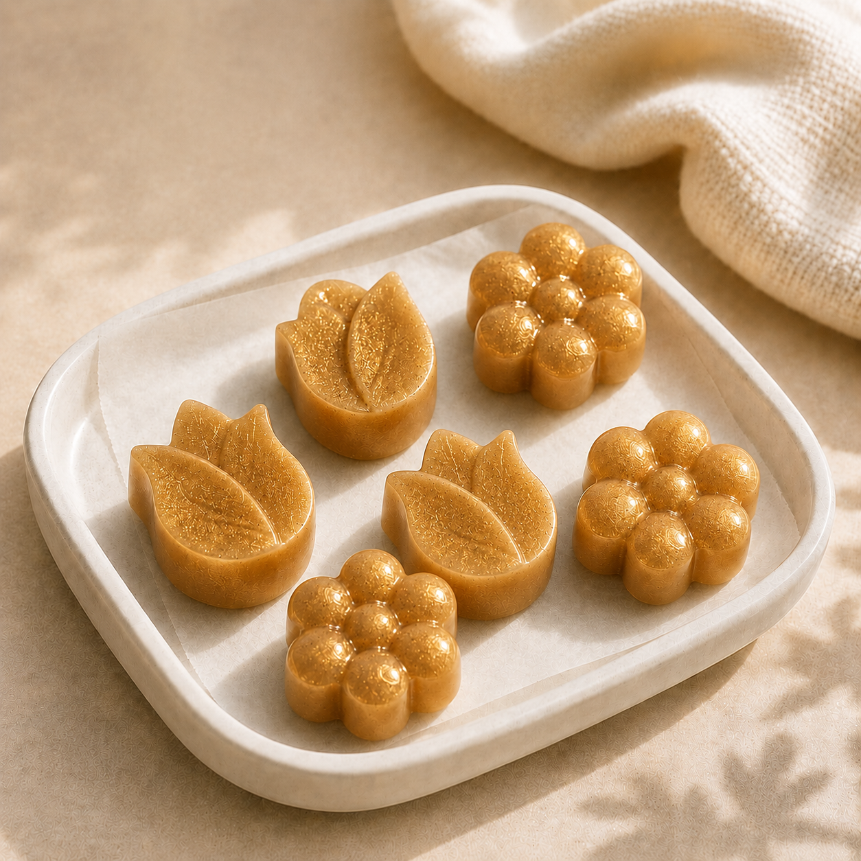 Six golden-brown decorative pastries shaped like leaves and flowers, arranged on a white ceramic plate with a textured cream cloth in the background.