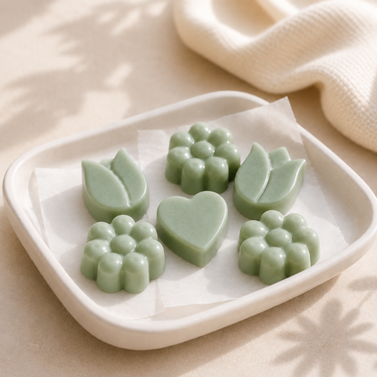 Five pale mint green molded wax melts shaped like a heart, tulip, and flower clusters, arranged on a white square dish with parchment paper.