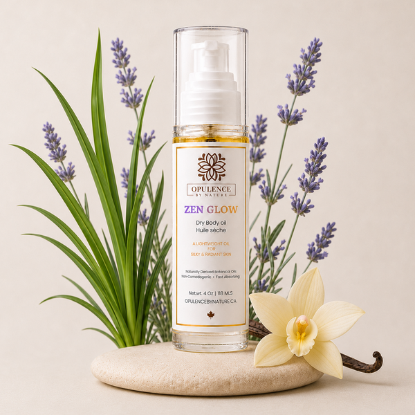 A clear pump bottle of Opulence by Nature Zen Glow dry skin oil stands on a round stone coaster, surrounded by lavender plants, green leaves, and a cream flower against a warm beige background.