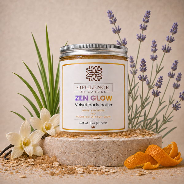 A jar of Opulence by Nature Zen Glow Velvet Body Polish sits on a stone pedestal, surrounded by lavender sprigs, white flowers, green leaves, and orange peel on a textured beige background.
